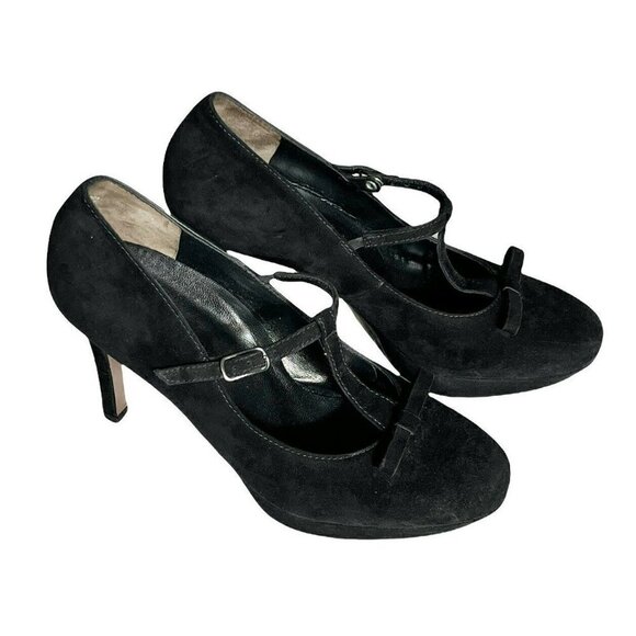 Paul Green Women UK Sz 5.5 US Sz 8 Black Suede T-Strap Bow Front Platform Heels - Picture 1 of 11